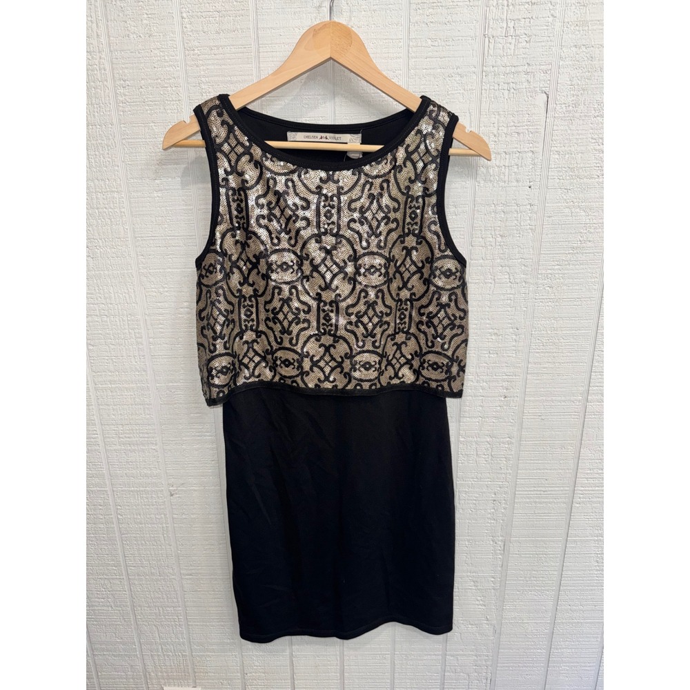 Chelsea & Violet Dress Women Black Bronze Sequin Overlay Sleeveless S NEW